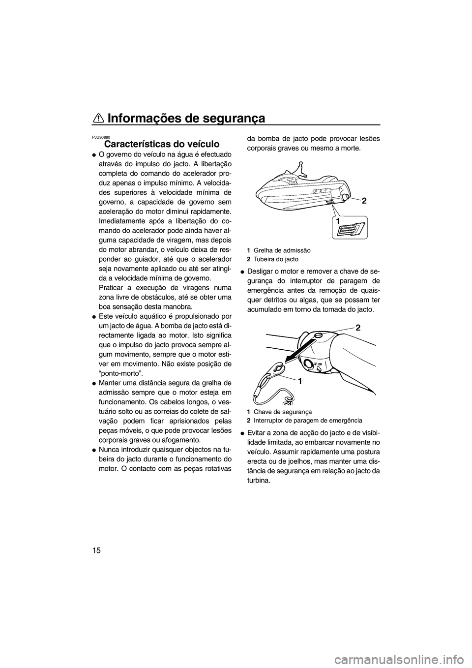 YAMAHA SUPERJET 2007  Manual de utilização (in Portuguese) Informações de segurança
15
PJU30880
Características do veículo 
O governo do veículo na água é efectuado
através do impulso do jacto. A libertação
completa do comando do acelerador pro-
d