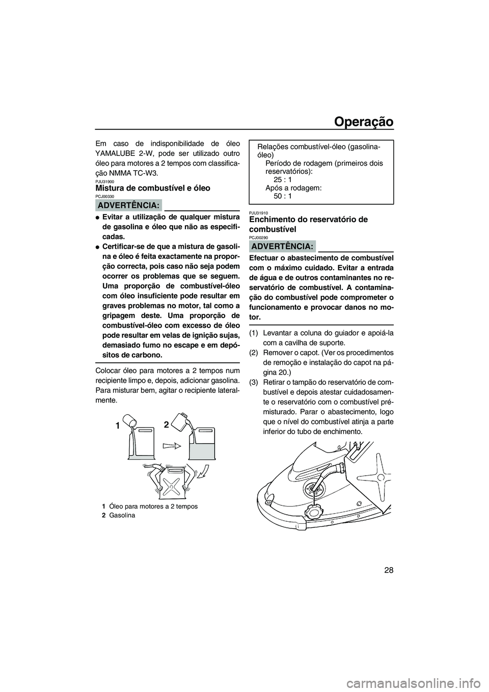 YAMAHA SUPERJET 2007  Manual de utilização (in Portuguese) Operação
28
Em caso de indisponibilidade de óleo
YAMALUBE 2-W, pode ser utilizado outro
óleo para motores a 2 tempos com classifica-
ção NMMA TC-W3.
PJU31900Mistura de combustível e óleo 
ADVE