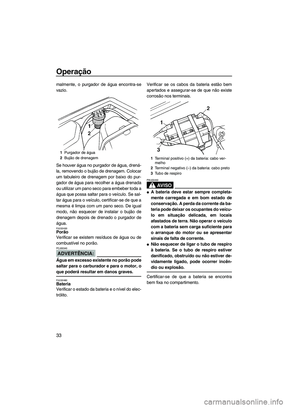 YAMAHA SUPERJET 2007  Manual de utilização (in Portuguese) Operação
33
malmente, o purgador de água encontra-se
vazio.
Se houver água no purgador de água, drená-
la, removendo o bujão de drenagem. Colocar
um tabuleiro de drenagem por baixo do pur-
gado