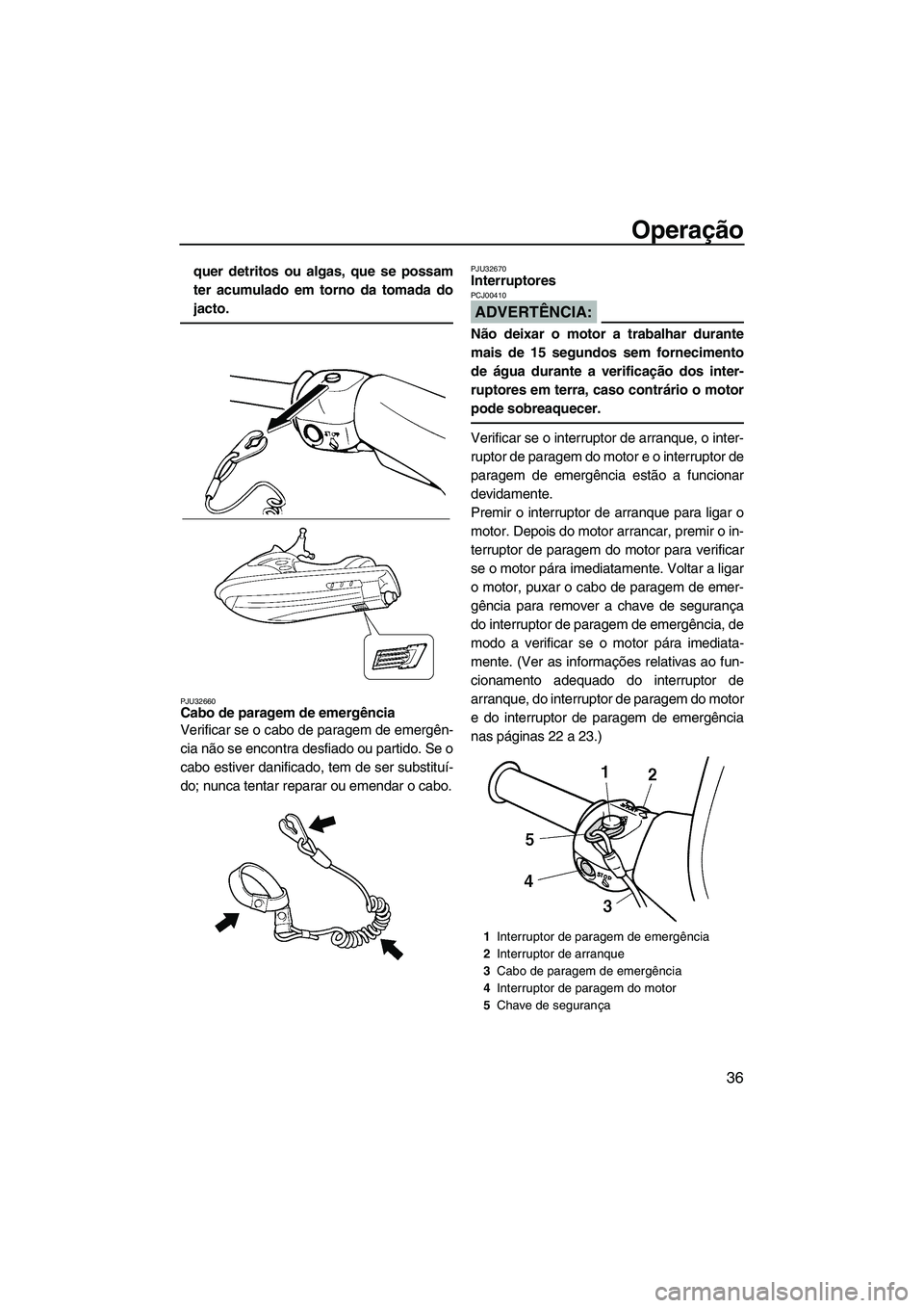 YAMAHA SUPERJET 2007 Manual de utilização (in Portuguese) Operação
36
quer detritos ou algas, que se possam
ter acumulado em torno da tomada do
jacto.
PJU32660Cabo de paragem de emergência
Verificar se o cabo de paragem de emergên-
cia não se encontra YAMAHA SUPERJET 2007 Manual de utilização (in Portuguese) Operação
36
quer detritos ou algas, que se possam
ter acumulado em torno da tomada do
jacto.
PJU32660Cabo de paragem de emergência
Verificar se o cabo de paragem de emergên-
cia não se encontra