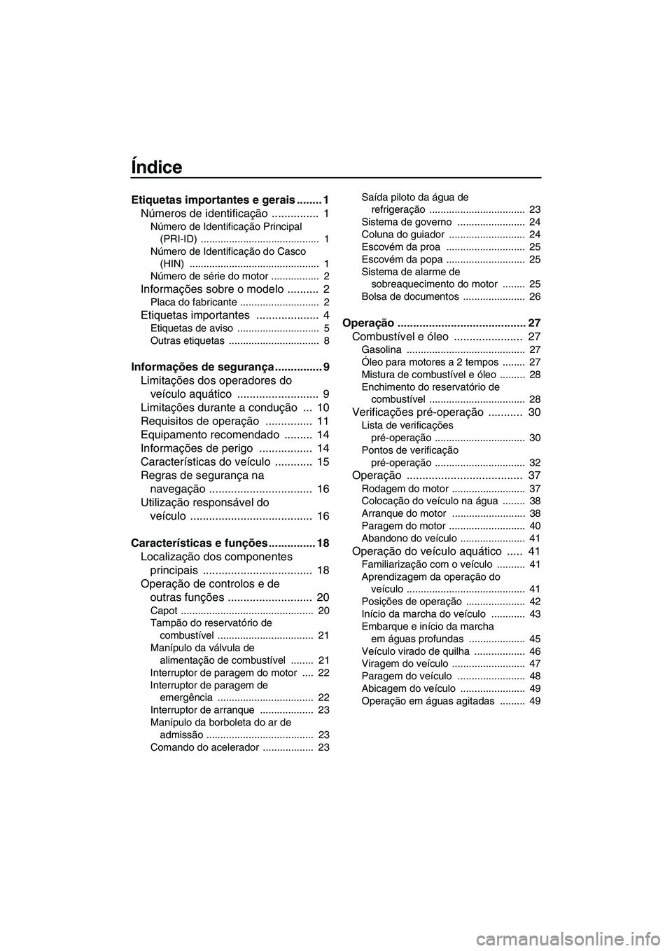 YAMAHA SUPERJET 2007  Manual de utilização (in Portuguese) Índice
Etiquetas importantes e gerais ........ 1
Números de identificação ...............  1
Número de Identificação Principal 
(PRI-ID) ..........................................  1
Número de