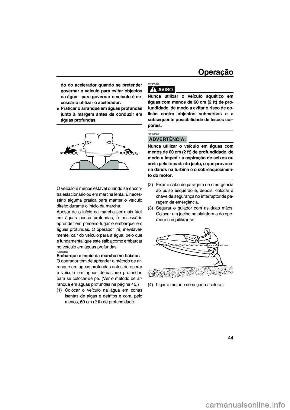 YAMAHA SUPERJET 2007  Manual de utilização (in Portuguese) Operação
44
do do acelerador quando se pretender
governar o veículo para evitar objectos
na água—para governar o veículo é ne-
cessário utilizar o acelerador.
Praticar o arranque em águas p