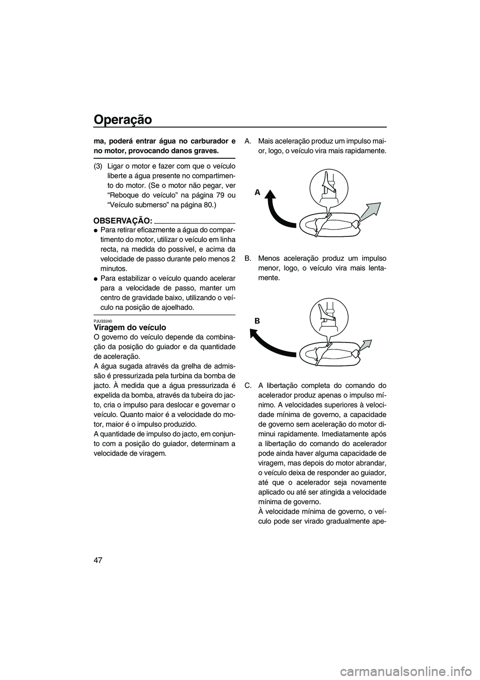 YAMAHA SUPERJET 2007  Manual de utilização (in Portuguese) Operação
47
ma, poderá entrar água no carburador e
no motor, provocando danos graves.
(3) Ligar o motor e fazer com que o veículo
liberte a água presente no compartimen-
to do motor. (Se o motor