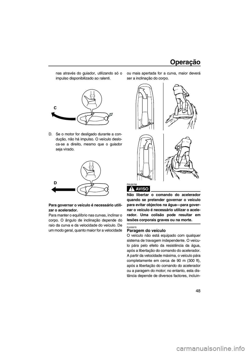 YAMAHA SUPERJET 2007  Manual de utilização (in Portuguese) Operação
48
nas através do guiador, utilizando só o
impulso disponibilizado ao ralenti.
D. Se o motor for desligado durante a con-
dução, não há impulso. O veículo deslo-
ca-se a direito, mes
