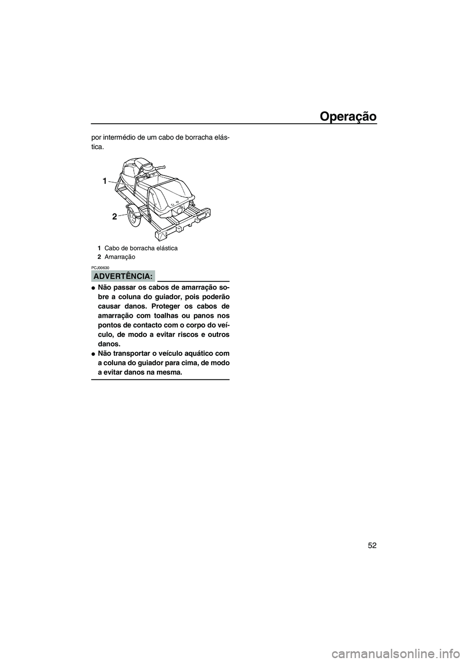 YAMAHA SUPERJET 2007  Manual de utilização (in Portuguese) Operação
52
por intermédio de um cabo de borracha elás-
tica.
ADVERTÊNCIA:
PCJ00630
Não passar os cabos de amarração so-
bre a coluna do guiador, pois poderão
causar danos. Proteger os cabos