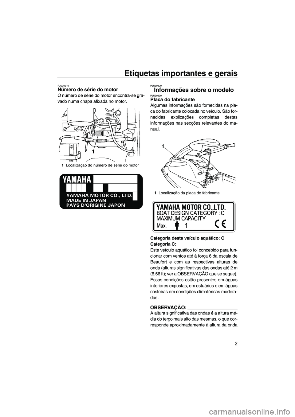YAMAHA SUPERJET 2007  Manual de utilização (in Portuguese) Etiquetas importantes e gerais
2
PJU30310Número de série do motor 
O número de série do motor encontra-se gra-
vado numa chapa afixada no motor.
PJU30320
Informações sobre o modelo PJU30330Placa