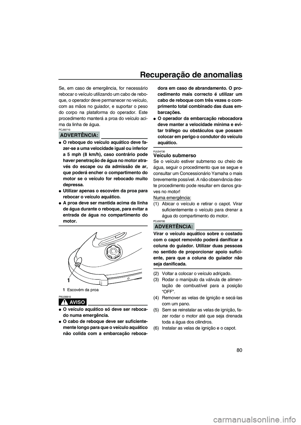 YAMAHA SUPERJET 2007  Manual de utilização (in Portuguese) Recuperação de anomalias
80
Se, em caso de emergência, for necessário
rebocar o veículo utilizando um cabo de rebo-
que, o operador deve permanecer no veículo,
com as mãos no guiador, e suporta