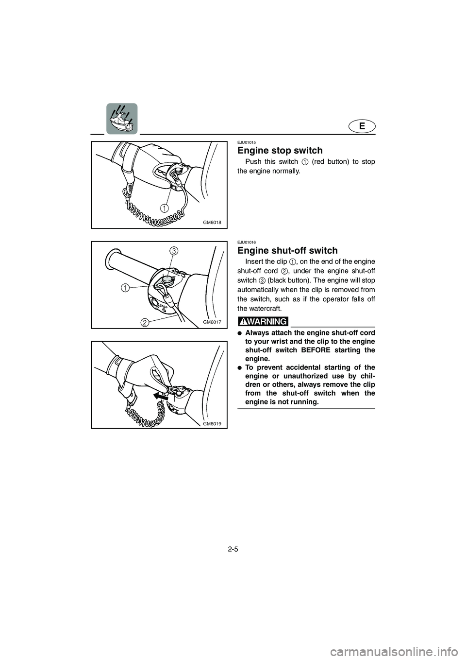 YAMAHA SUPERJET 2006 Owners Manual 2-5
E
EJU01015
Engine stop switch
Push this switch 1 (red button) to stop
the engine normally.
EJU01016
Engine shut-off switch
Insert the clip 1, on the end of the engine
shut-off cord 2, under YAMAHA SUPERJET 2006 Owners Manual 2-5
E
EJU01015
Engine stop switch
Push this switch 1 (red button) to stop
the engine normally.
EJU01016
Engine shut-off switch
Insert the clip 1, on the end of the engine
shut-off cord 2, under