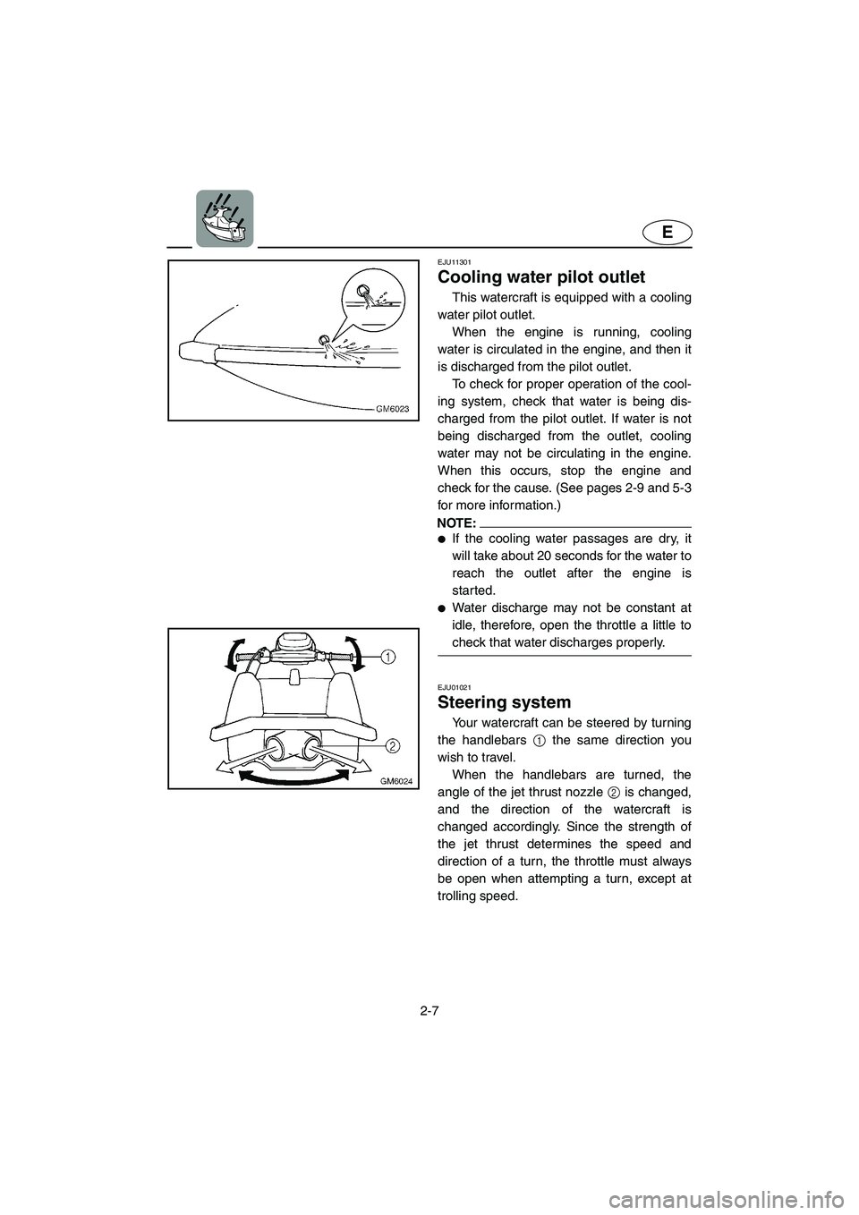 YAMAHA SUPERJET 2006  Owners Manual 2-7
E
EJU11301 
Cooling water pilot outlet 
This watercraft is equipped with a cooling
water pilot outlet. 
When the engine is running, cooling
water is circulated in the engine, and then it
is discha
