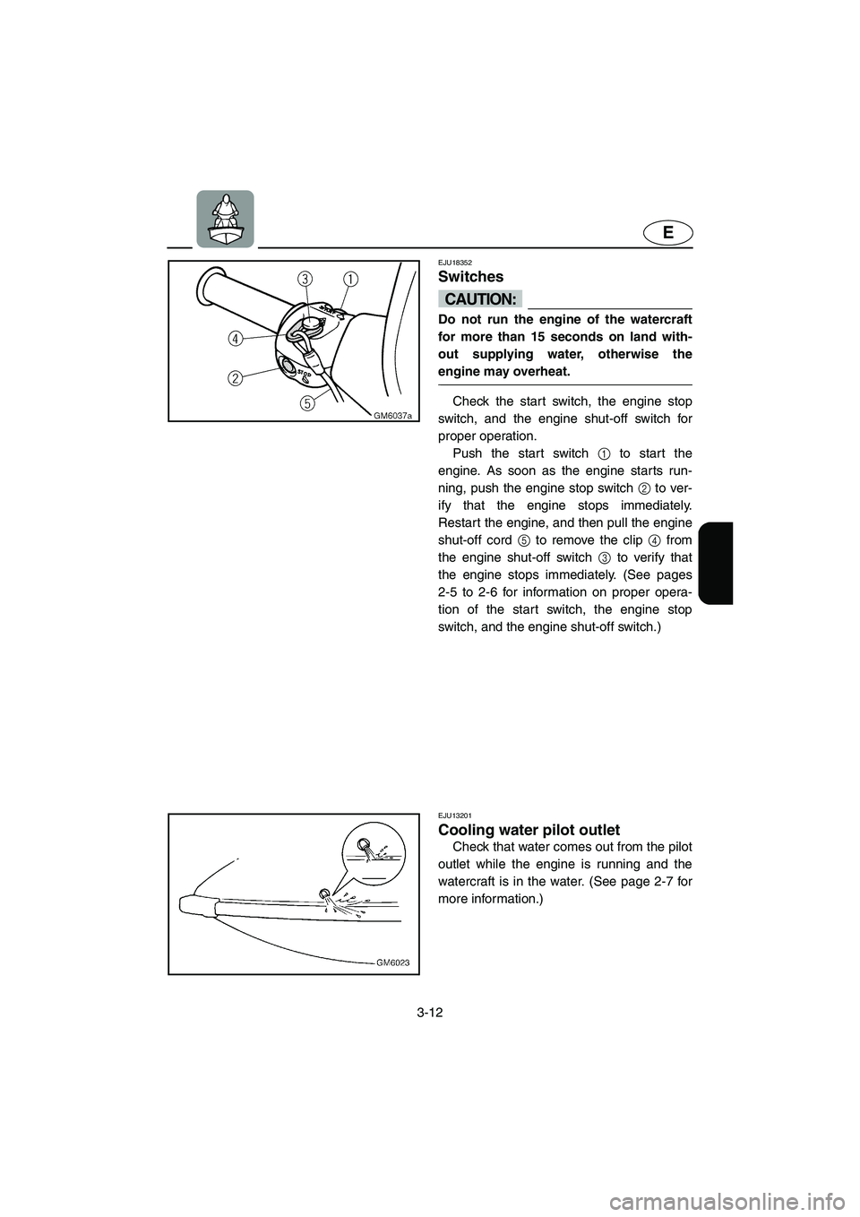 YAMAHA SUPERJET 2006  Owners Manual 3-12
E
EJU18352 
Switches 
CAUTION:@ Do not run the engine of the watercraft
for more than 15 seconds on land with-
out supplying water, otherwise the
engine may overheat. 
@
Check the start switch, t