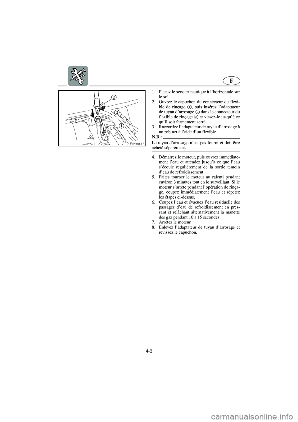 YAMAHA SUPERJET 2006 Notices Demploi (in French) 4-3
F
1. Placez le scooter nautique à l’horizontale sur
le sol.
2. Ouvrez le capuchon du connecteur du flexi-
ble de rinçage 1, puis insérez l’adaptateur
de tuyau d’arrosage 2 dans le connec YAMAHA SUPERJET 2006 Notices Demploi (in French) 4-3
F
1. Placez le scooter nautique à l’horizontale sur
le sol.
2. Ouvrez le capuchon du connecteur du flexi-
ble de rinçage 1, puis insérez l’adaptateur
de tuyau d’arrosage 2 dans le connec
