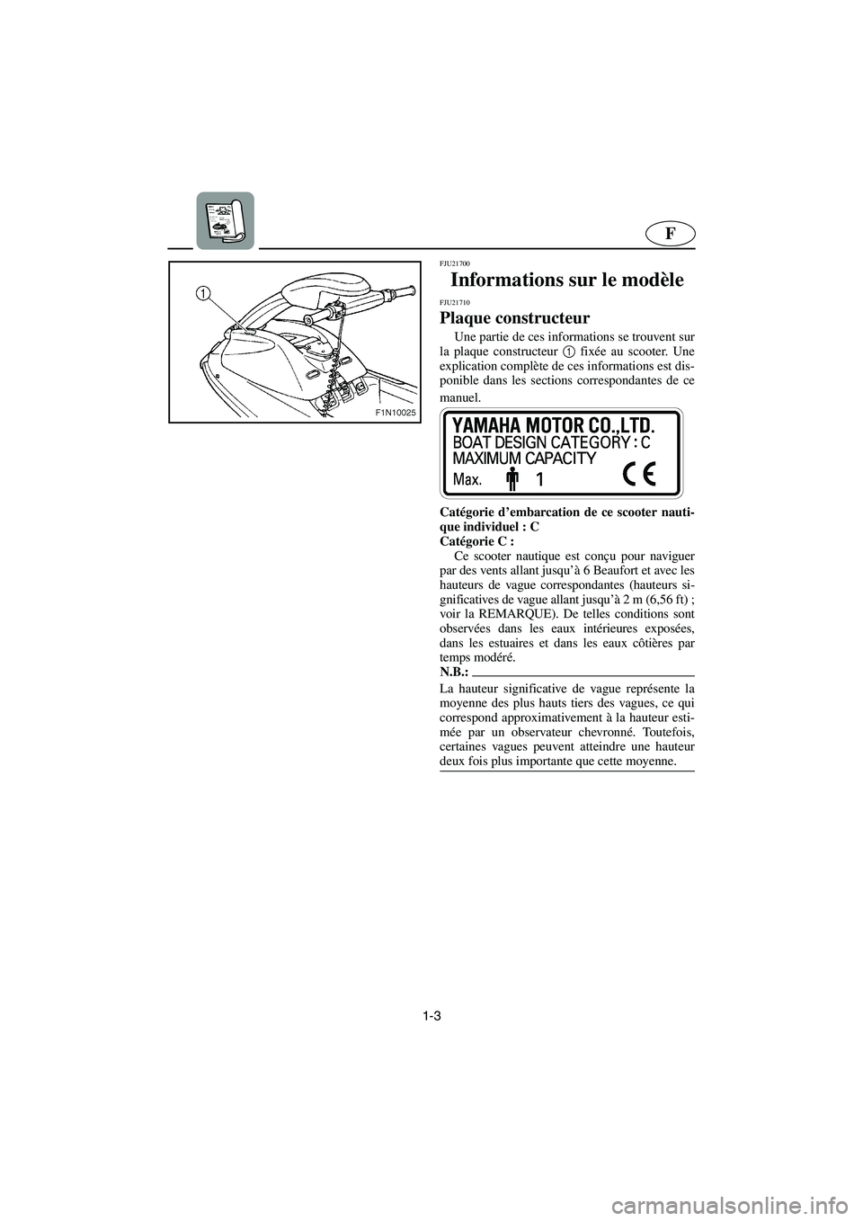 YAMAHA SUPERJET 2006 Manuale de Empleo (in Spanish) 1-3
F
FJU21700
Informations sur le modèle
FJU21710
Plaque constructeur
Une partie de ces informations se trouvent sur
la plaque constructeur 1
fixée au scooter. Une
explication complète de ces YAMAHA SUPERJET 2006 Manuale de Empleo (in Spanish) 1-3
F
FJU21700
Informations sur le modèle
FJU21710
Plaque constructeur
Une partie de ces informations se trouvent sur
la plaque constructeur 1
fixée au scooter. Une
explication complète de ces