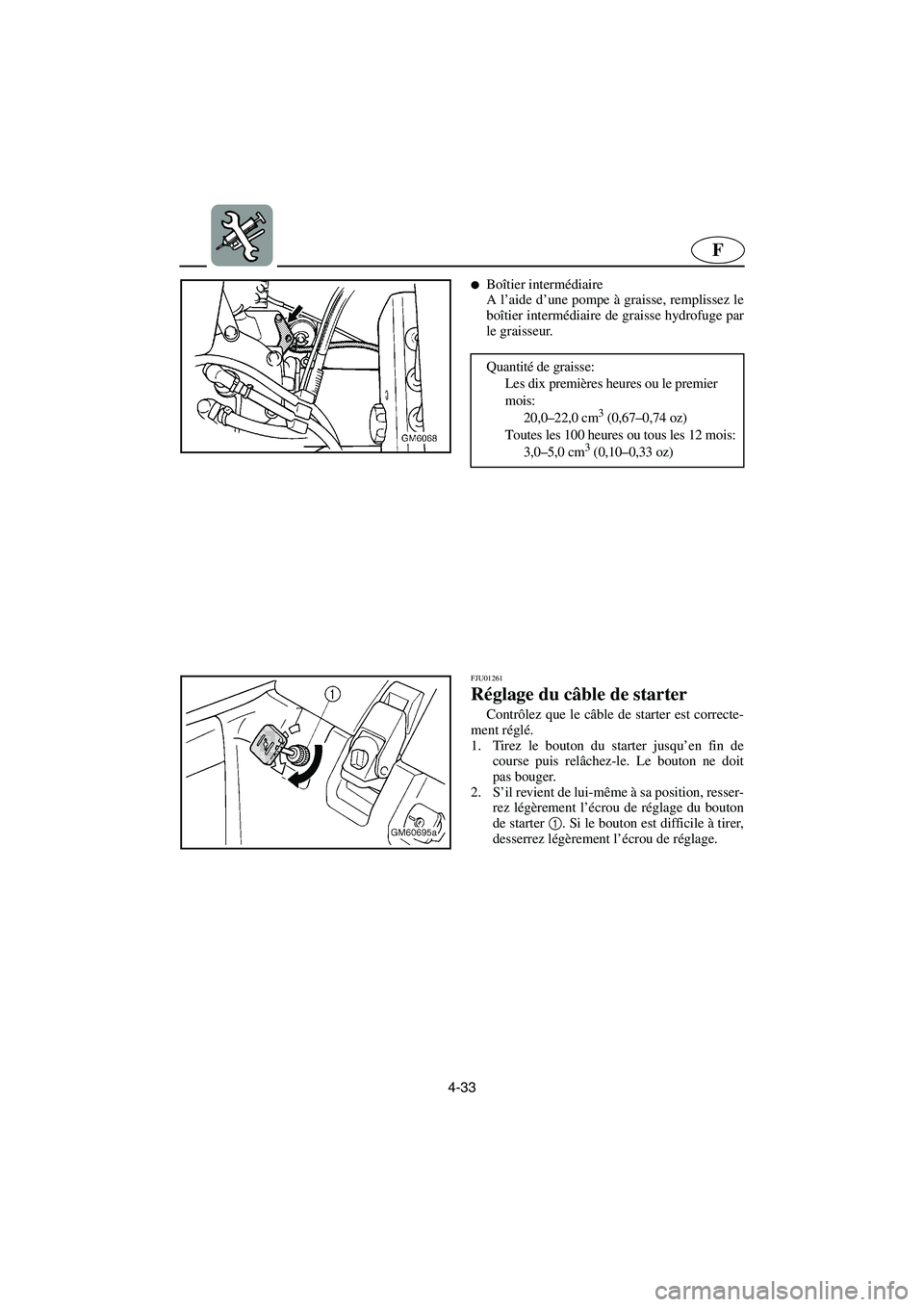 YAMAHA SUPERJET 2006  Notices Demploi (in French) 4-33
F
Boîtier intermédiaire 
A l’aide d’une pompe à graisse, remplissez le
boîtier intermédiaire de graisse hydrofuge par
le graisseur.
Quantité de graisse: 
Les dix premières heures ou l
