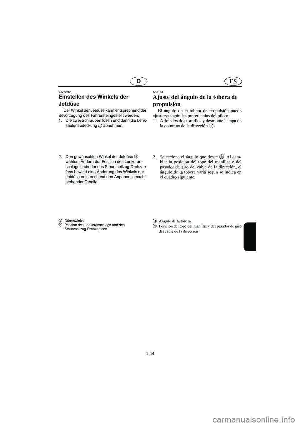 YAMAHA SUPERJET 2006  Manuale de Empleo (in Spanish) 4-44
ESD
GJU13050 
Einstellen des Winkels der 
Jetdüse  
Der Winkel der Jetdüse kann entsprechend der 
Bevorzugung des Fahrers eingestellt werden. 
1. Die zwei Schrauben lösen und dann die Lenk-
s