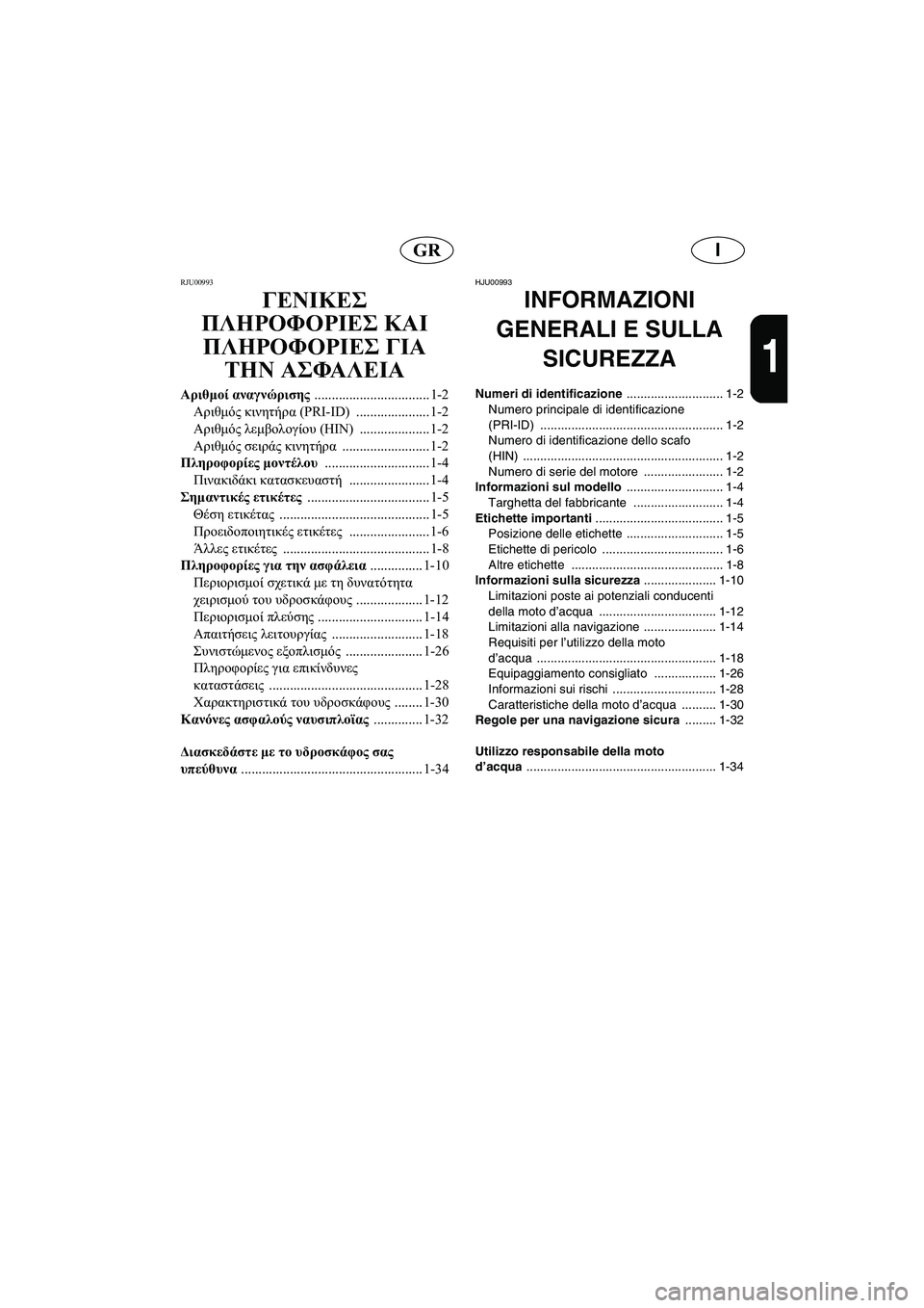 YAMAHA SUPERJET 2006  Manuale duso (in Italian) IGR
1
RJU00993 
ΓΕΝΙΚΕΣ 
ΠΛΗΡΟΦΟΡΙΕΣ ΚΑΙ 
ΠΛΗΡΟΦΟΡΙΕΣ ΓΙΑ 
ΤΗΝ ΑΣΦΑΛΕΙΑ
Αριθμοί αναγνώρισης 
................................. 1-2
Αρ
