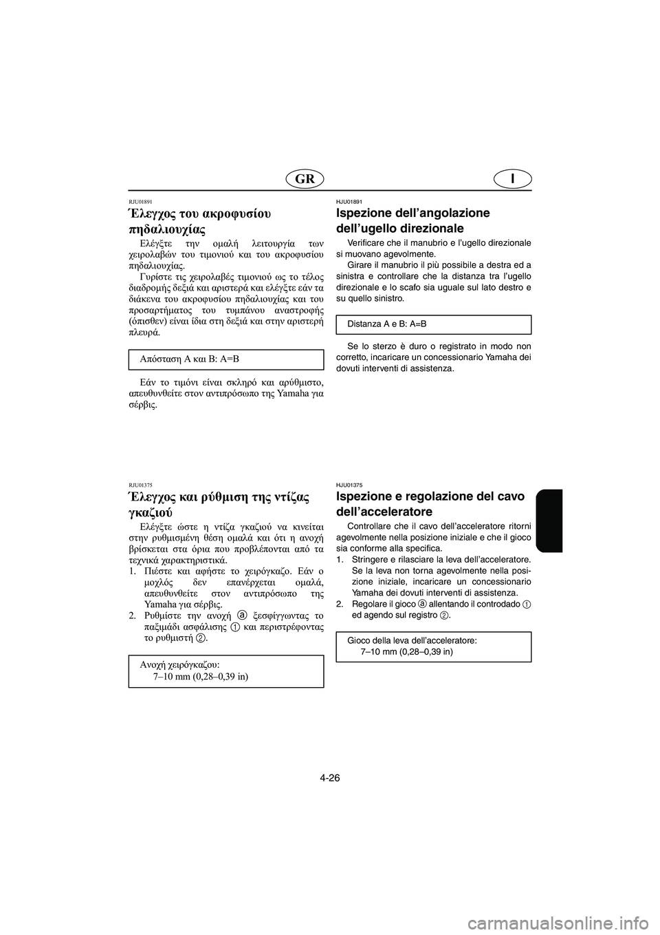 YAMAHA SUPERJET 2006  Manual de utilização (in Portuguese) 4-26
IGR
RJU01891
Έλεγχος του ακροφυσίου 
πηδαλιουχίας  
Ελέγξτε την ομαλή λειτουργία των
χειρολαβών του τιμονιού κα