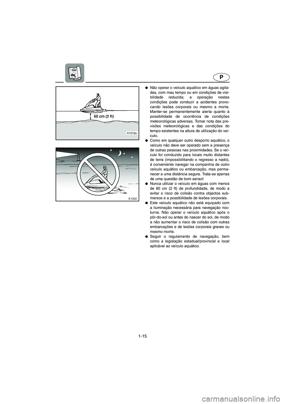 YAMAHA SUPERJET 2006  Manuale duso (in Italian) 1-15
P
Não operar o veículo aquático em águas agita-
das, com mau tempo ou em condições de visi-
bilidade reduzida; a operação nestas
condições pode conduzir a acidentes provo-
cando lesõe