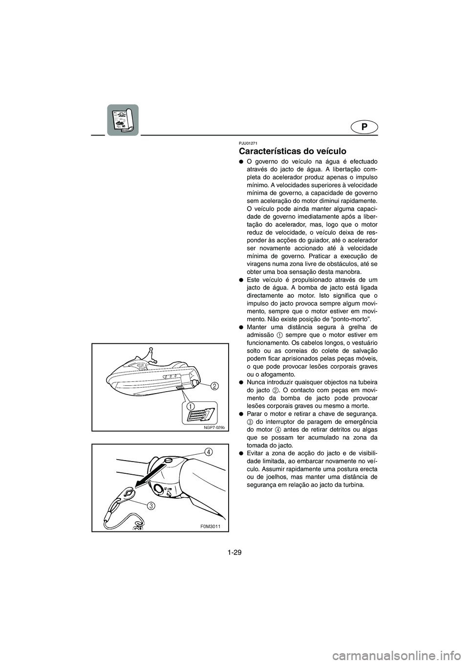 YAMAHA SUPERJET 2006  Manuale duso (in Italian) 1-29
P
PJU01271 
Características do veículo  
O governo do veículo na água é efectuado
através do jacto de água. A libertação com-
pleta do acelerador produz apenas o impulso
mínimo. A velo