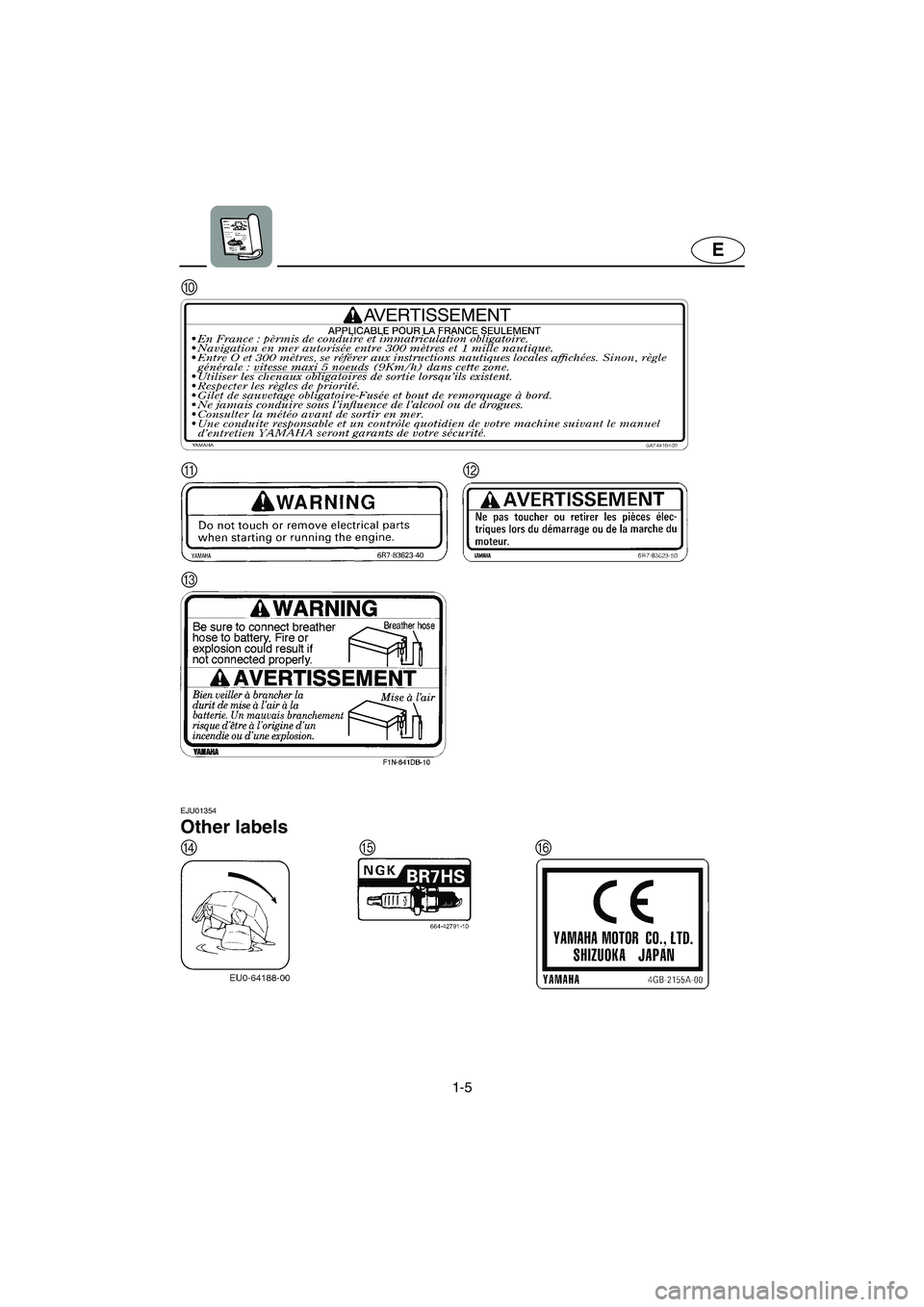 YAMAHA SUPERJET 2005 User Guide 1-5
E
EJU01354 
Other labels 
0
AB
C
DEF
UF1N73.book  Page 5  Monday, May 10, 2004  10:37 AM 
