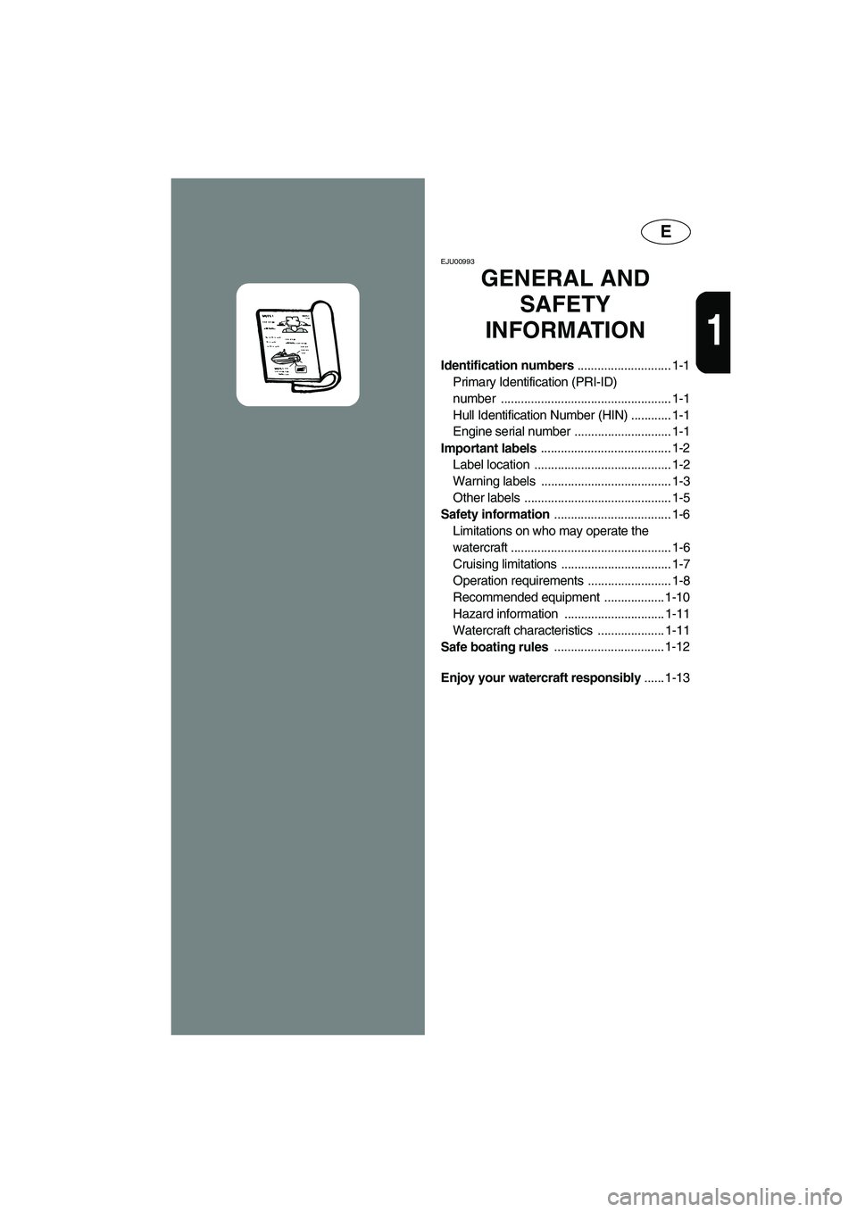 YAMAHA SUPERJET 2005  Owners Manual E
1
EJU00993 
GENERAL AND 
SAFETY 
INFORMATION
Identification numbers ............................ 1-1
Primary Identification (PRI-ID) 
number ................................................... 1-1
H