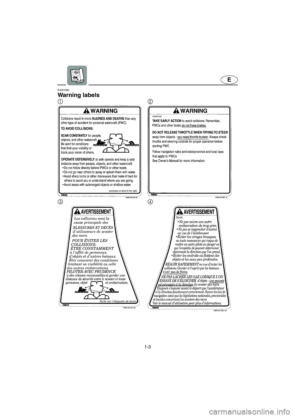 YAMAHA SUPERJET 2005  Owners Manual 1-3
E
EJU01352 
Warning labels 
12
34
UF1N73.book  Page 3  Monday, May 10, 2004  10:37 AM 