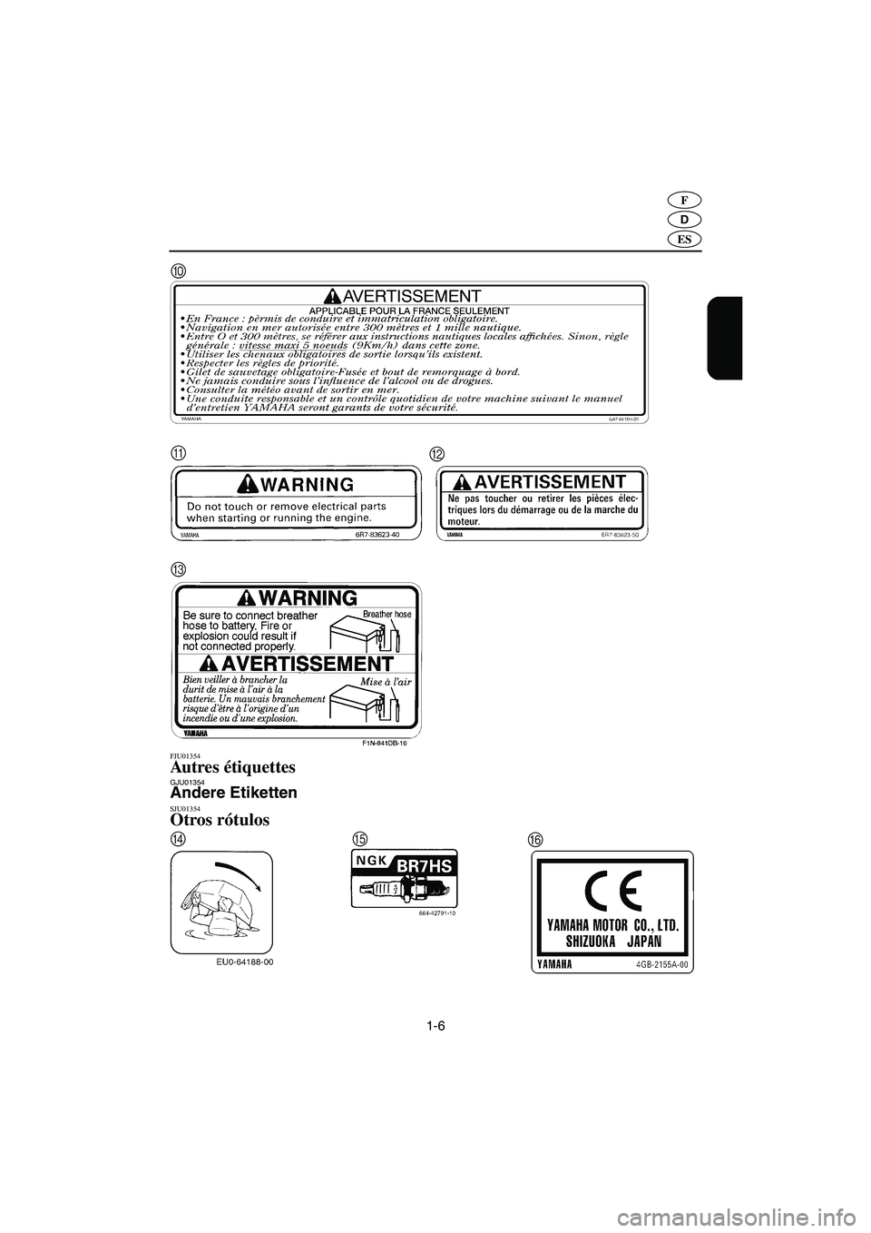 YAMAHA SUPERJET 2005  Manuale de Empleo (in Spanish) 1-6
D
F
ES
FJU01354 Autres étiquettes GJU01354 Andere Etiketten SJU01354 Otros rótulos 
0
AB
C
DEF
UF1N83A0.book  Page 6  Monday, May 10, 2004  1:26 PM 
