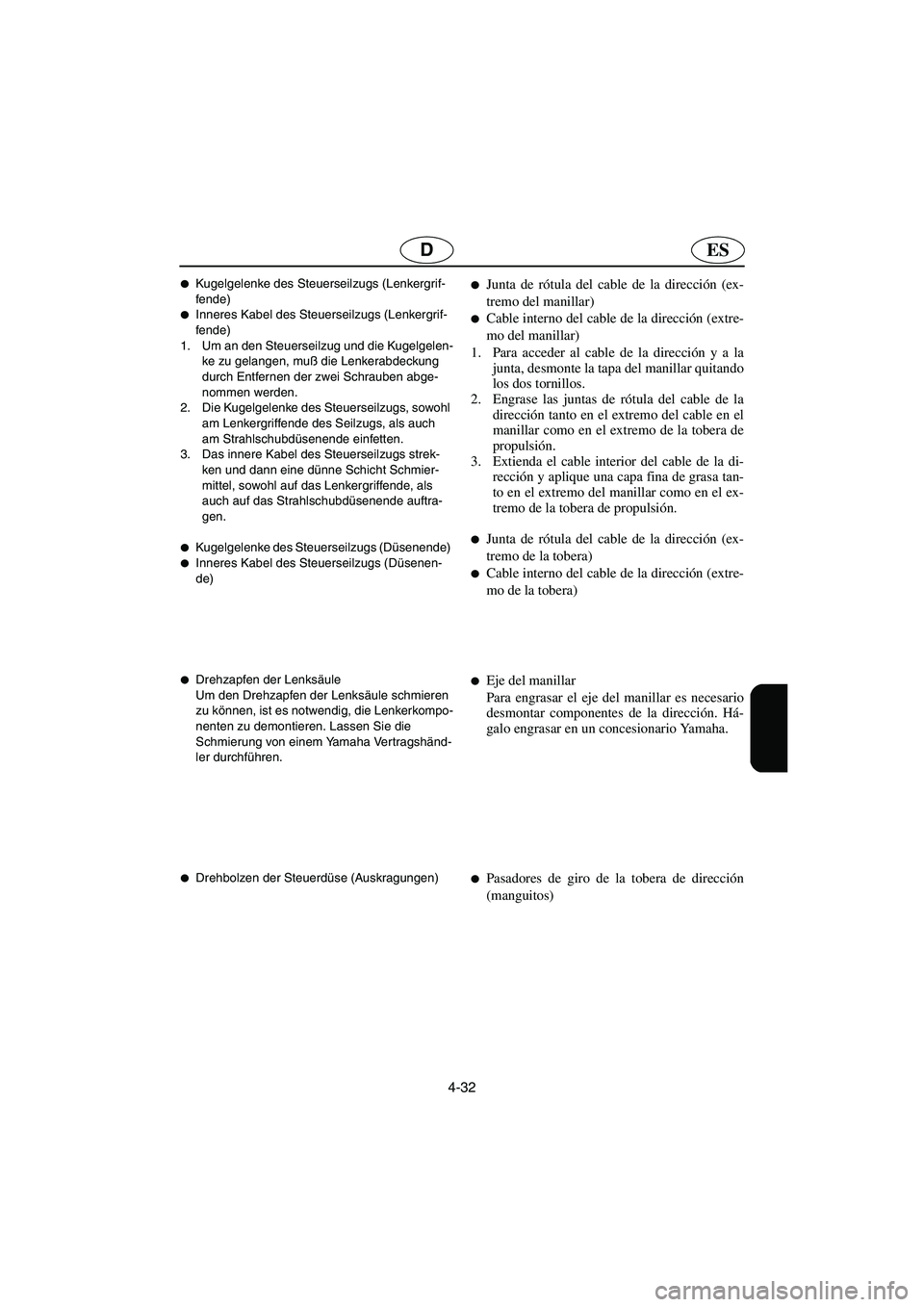 YAMAHA SUPERJET 2005  Manuale de Empleo (in Spanish) 4-32
ESD
Kugelgelenke des Steuerseilzugs (Lenkergrif-
fende) 
Inneres Kabel des Steuerseilzugs (Lenkergrif-
fende)
1. Um an den Steuerseilzug und die Kugelgelen-
ke zu gelangen, muß die Lenkerabdec