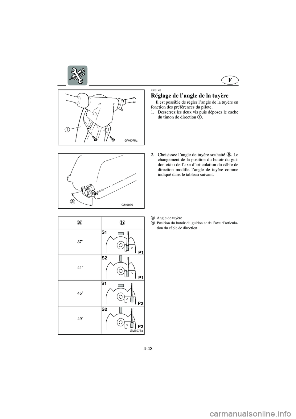 YAMAHA SUPERJET 2005  Manuale de Empleo (in Spanish) 4-43
F
FJU01305 
Réglage de l’angle de la tuyère  
Il est possible de régler l’angle de la tuyère en
fonction des préférences du pilote. 
1. Desserrez les deux vis puis déposez le cache
du 