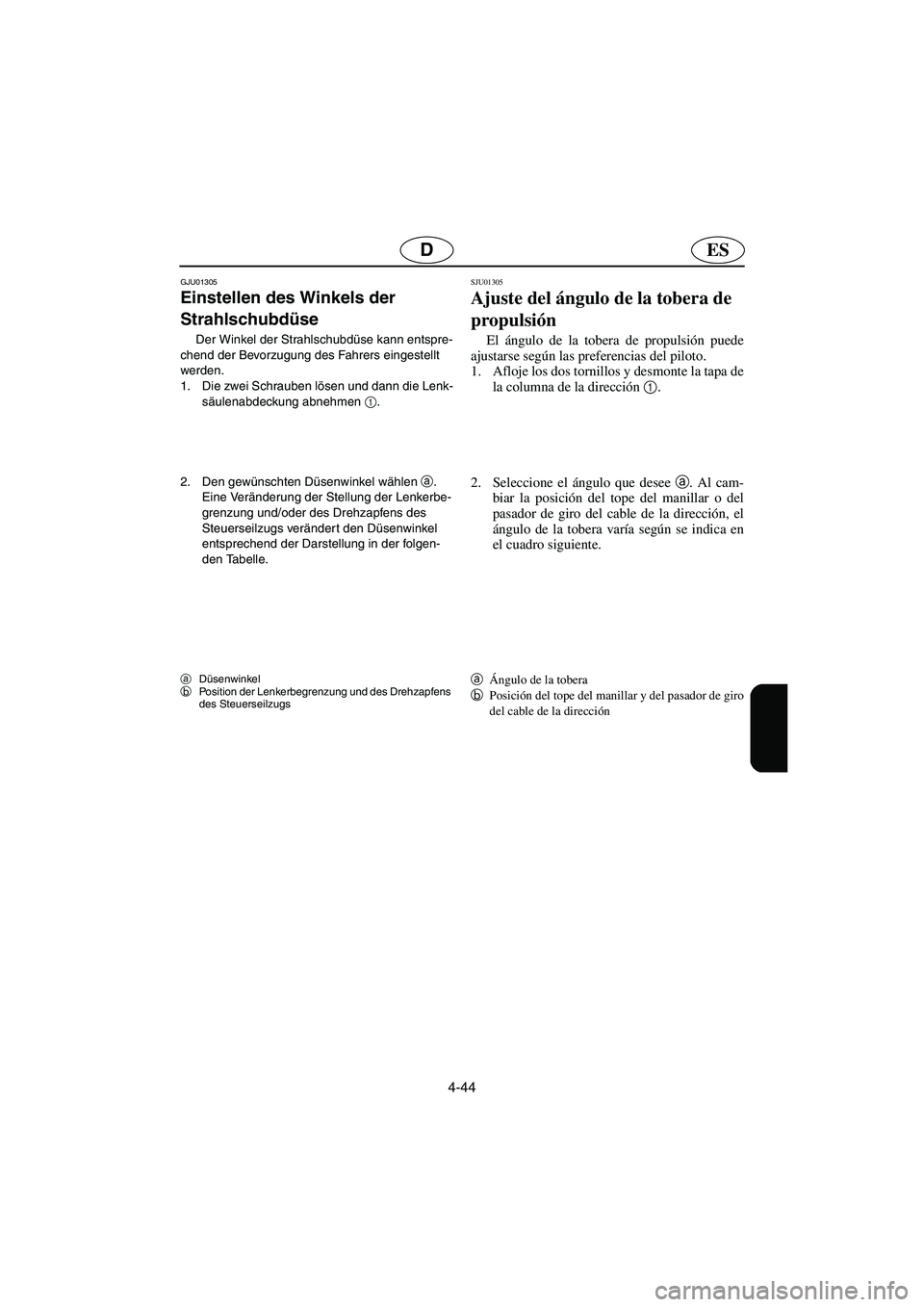 YAMAHA SUPERJET 2005  Manuale de Empleo (in Spanish) 4-44
ESD
GJU01305 
Einstellen des Winkels der 
Strahlschubdüse  
Der Winkel der Strahlschubdüse kann entspre-
chend der Bevorzugung des Fahrers eingestellt 
werden. 
1. Die zwei Schrauben lösen und