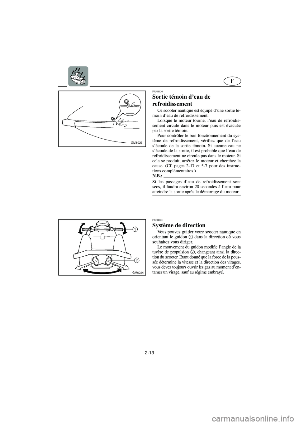 YAMAHA SUPERJET 2005  Manuale de Empleo (in Spanish) 2-13
F
FJU01130 
Sortie témoin d’eau de 
refroidissement  
Ce scooter nautique est équipé d’une sortie té-
moin d’eau de refroidissement. 
Lorsque le moteur tourne, l’eau de refroidis-
sem
