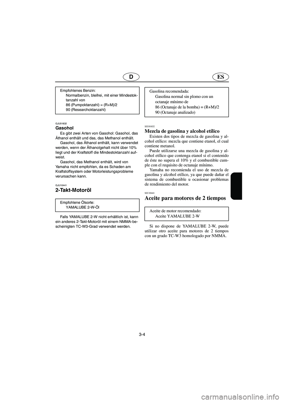 YAMAHA SUPERJET 2005  Manuale de Empleo (in Spanish) 3-4
ESD
GJU01832 
Gasohol  
Es gibt zwei Arten von Gasohol: Gasohol, das 
Äthanol enthält und das, das Methanol enthält. 
Gasohol, das Äthanol enthält, kann verwendet 
werden, wenn der Äthanolge