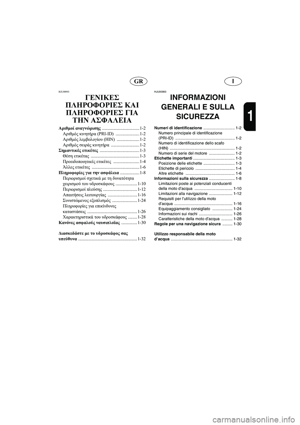 YAMAHA SUPERJET 2005  Manuale duso (in Italian) IGR
1
RJU00993 
ΓΕΝΙΚΕΣ 
ΠΛΗΡΟΦΟΡΙΕΣ ΚΑΙ 
ΠΛΗΡΟΦΟΡΙΕΣ ΓΙΑ 
ΤΗΝ ΑΣΦΑΛΕΙΑ
Αριθμοί αναγνώρισης 
.................................1-2
Αρι