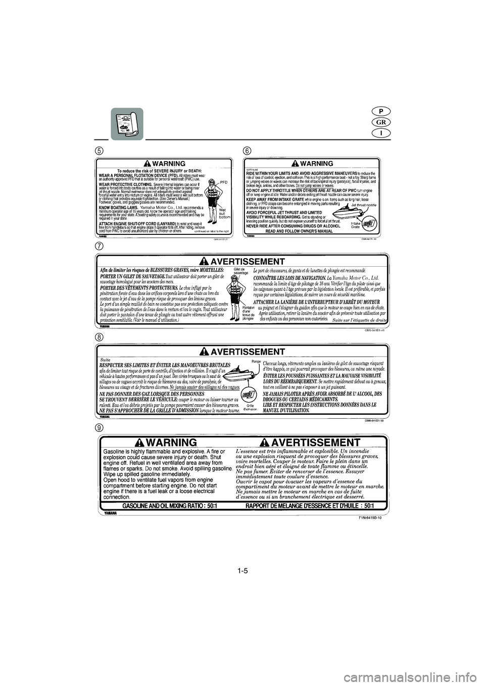 YAMAHA SUPERJET 2005  Manual de utilização (in Portuguese) 1-5
GR
P
I
56
7
9 8
UF1N83B0.book  Page 5  Monday, May 10, 2004  1:45 PM 