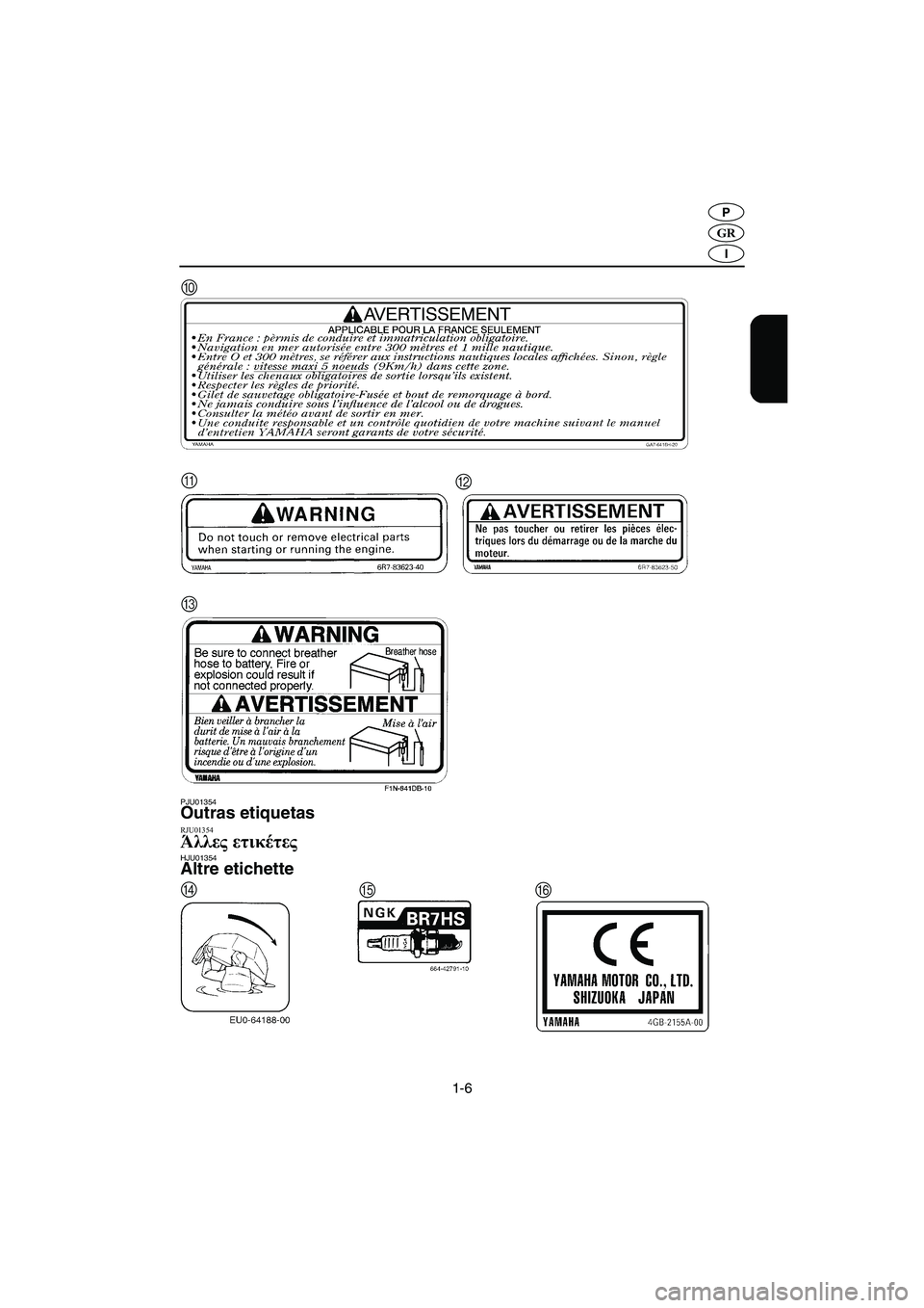 YAMAHA SUPERJET 2005  Manual de utilização (in Portuguese) 1-6
GR
P
I
PJU01354 Outras etiquetas RJU01354 Άλλες ετικέτες HJU01354 Altre etichette 
0
AB
C
D
EF
UF1N83B0.book  Page 6  Monday, May 10, 2004  1:45 PM 