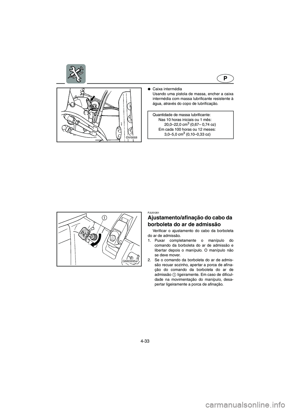 YAMAHA SUPERJET 2005  Manuale duso (in Italian) 4-33
P
Caixa intermédia 
Usando uma pistola de massa, encher a caixa
intermédia com massa lubrificante resistente à
água, através do copo de lubrificação.
Quantidade de massa lubrificante: 
Na