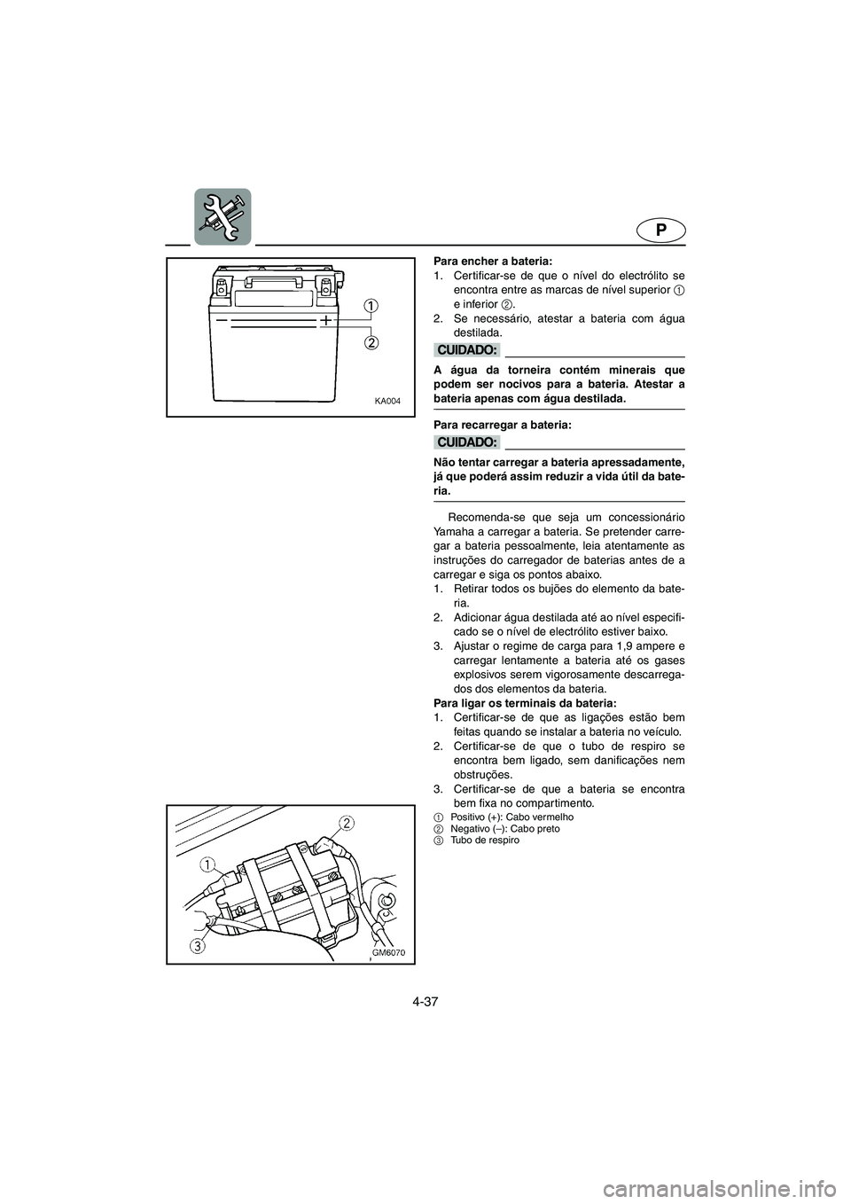 YAMAHA SUPERJET 2005  Manuale duso (in Italian) 4-37
P
Para encher a bateria: 
1. Certificar-se de que o nível do electrólito se
encontra entre as marcas de nível superior 1
e inferior 2
. 
2. Se necessário, atestar a bateria com água
destilad