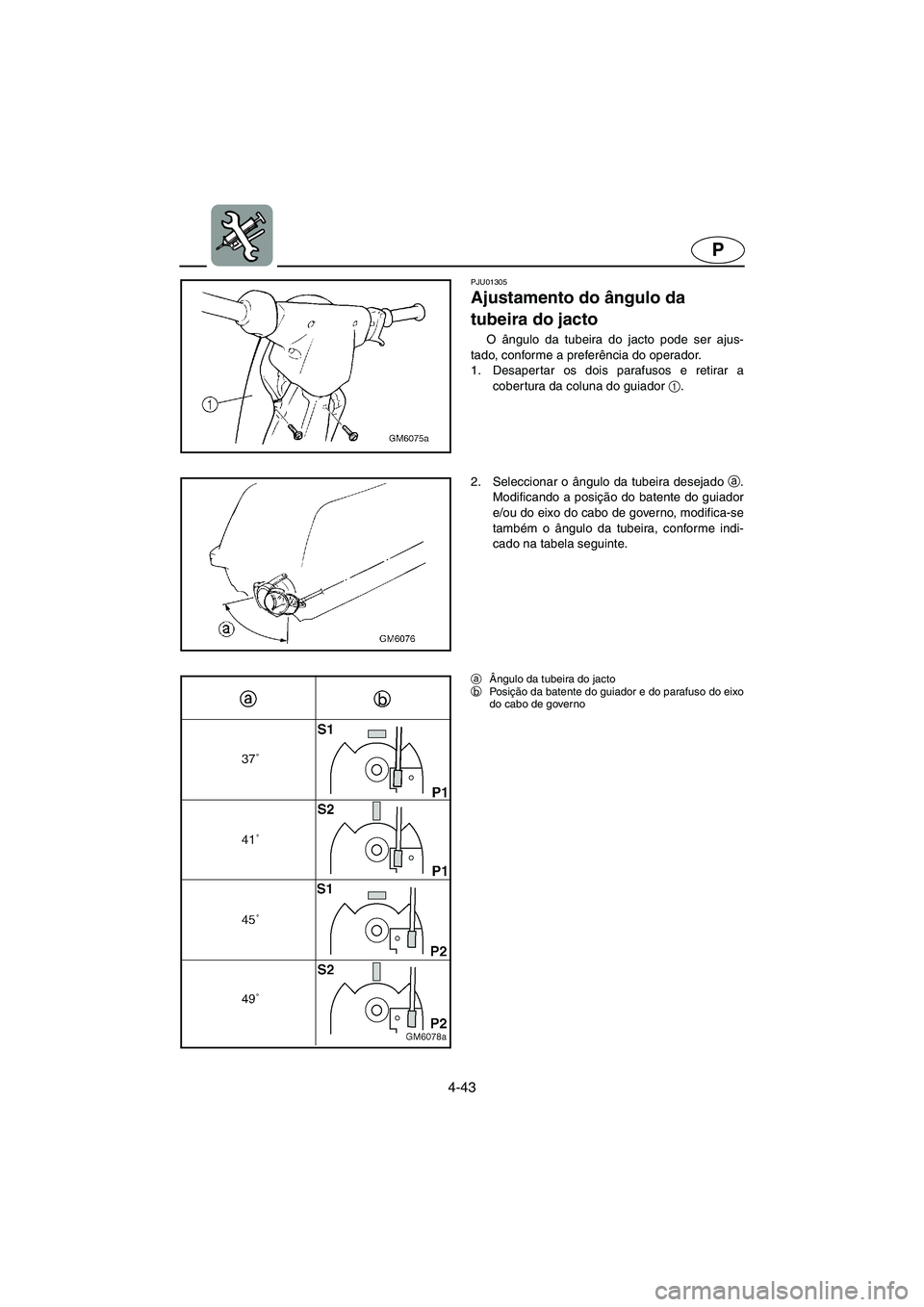 YAMAHA SUPERJET 2005 Manuale duso (in Italian) 4-43
P
PJU01305
Ajustamento do ângulo da
tubeira do jacto
O ângulo da tubeira do jacto pode ser ajus-
tado, conforme a preferência do operador.
1. Desaper tar os dois parafusos e retirar a
cob YAMAHA SUPERJET 2005 Manuale duso (in Italian) 4-43
P
PJU01305
Ajustamento do ângulo da
tubeira do jacto
O ângulo da tubeira do jacto pode ser ajus-
tado, conforme a preferência do operador.
1. Desaper tar os dois parafusos e retirar a
cob