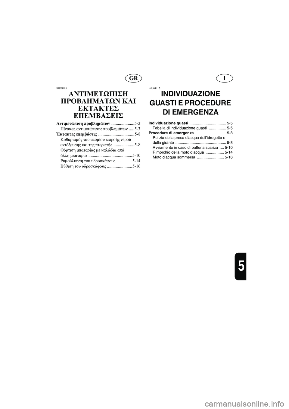 YAMAHA SUPERJET 2005 Manuale duso (in Italian) IGR
5
RJU01115
ΑΝΤΙΜΕΤΩΠΙΣΗ
ΠΡΟΒΛΗΜΑΤΩΝ ΚΑΙ
ΕΚΤΑΚΤΕΣ
ΕΠΕΜΒΑΣΕΙΣ
Αντιμετώπιση προβλημάτων
..................... 5-3
Πίνακα YAMAHA SUPERJET 2005 Manuale duso (in Italian) IGR
5
RJU01115
ΑΝΤΙΜΕΤΩΠΙΣΗ
ΠΡΟΒΛΗΜΑΤΩΝ ΚΑΙ
ΕΚΤΑΚΤΕΣ
ΕΠΕΜΒΑΣΕΙΣ
Αντιμετώπιση προβλημάτων
..................... 5-3
Πίνακα