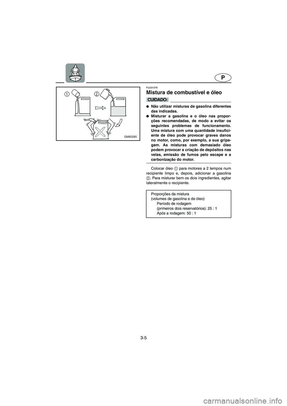 YAMAHA SUPERJET 2005  Manuale duso (in Italian) 3-5
P
PJU01276 
Mistura de combustível e óleo  
@ Não utilizar misturas de gasolina diferentes
das indicadas. 
Misturar a gasolina e o óleo nas propor-
ções recomendadas, de modo a evitar os
s
