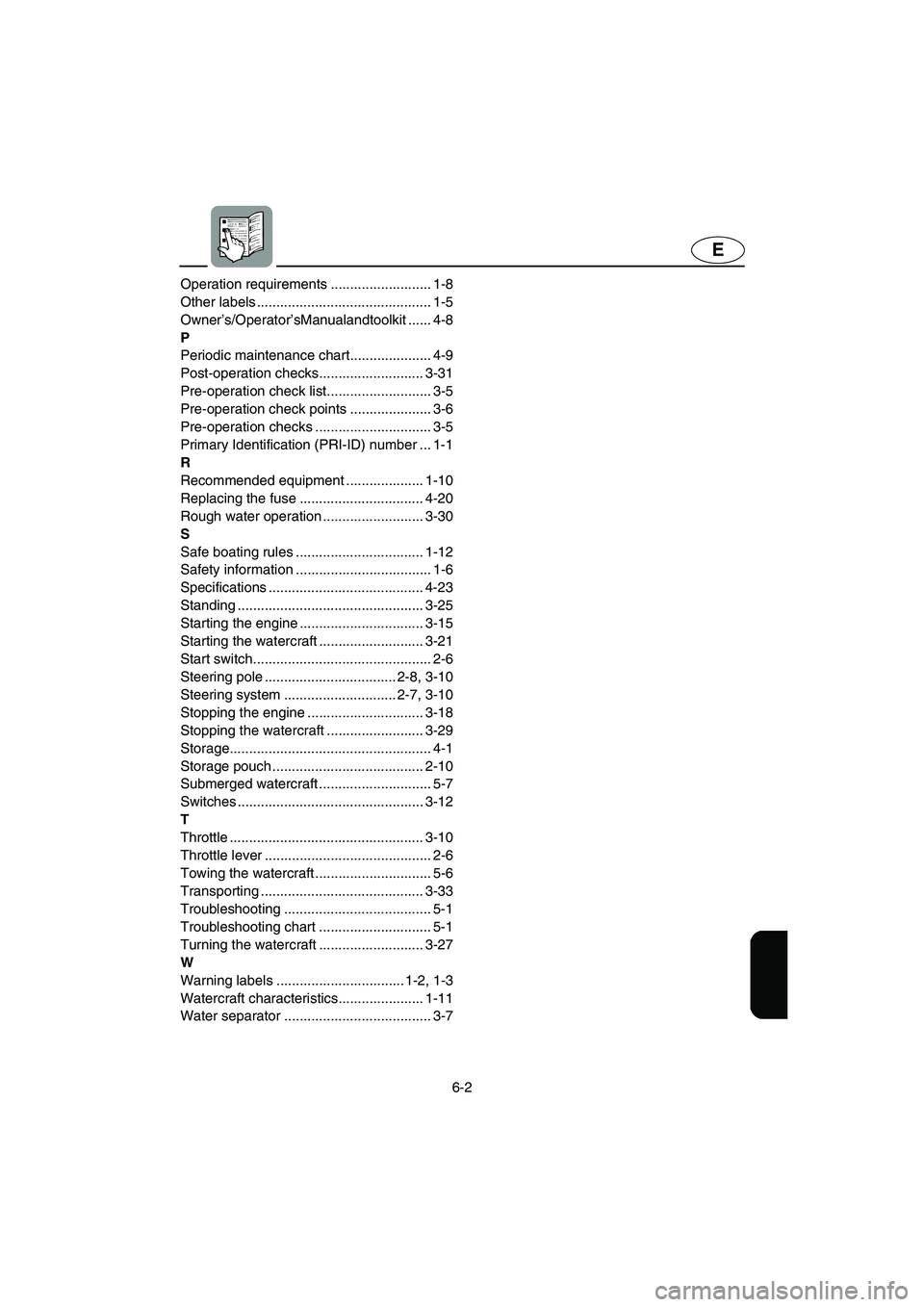 YAMAHA SUPERJET 2003 Owners Manual 6-2
E
Operation requirements .......................... 1-8
Other labels ............................................. 1-5
Owner’s/Operator’sManualandtoolkit ...... 4-8
P
Periodic maintenance char YAMAHA SUPERJET 2003 Owners Manual 6-2
E
Operation requirements .......................... 1-8
Other labels ............................................. 1-5
Owner’s/Operator’sManualandtoolkit ...... 4-8
P
Periodic maintenance char