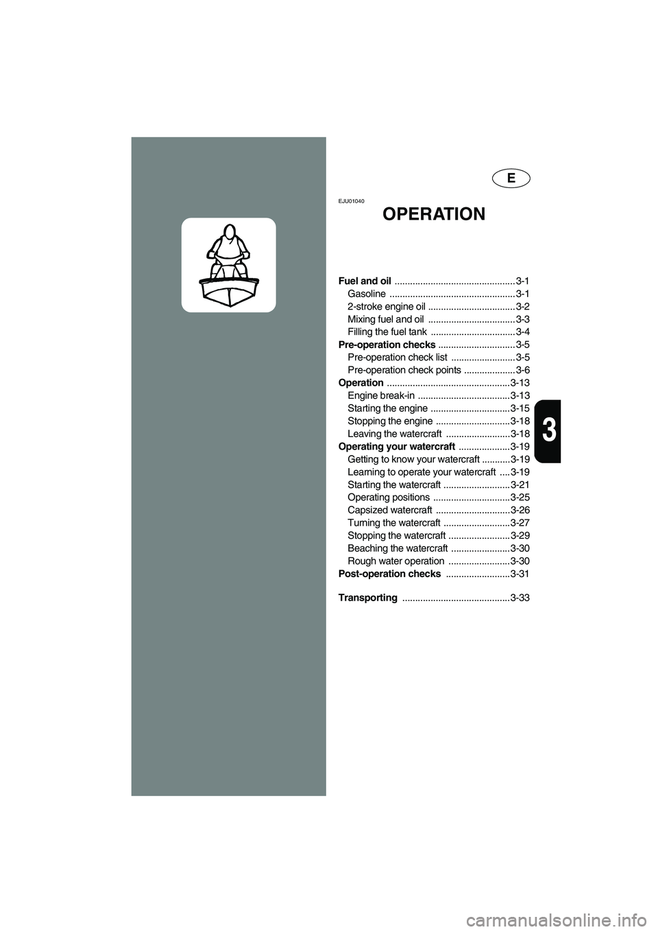 YAMAHA SUPERJET 2003  Owners Manual E
3
EJU01040 
OPERATION
Fuel and oil ............................................... 3-1
Gasoline ................................................. 3-1
2-stroke engine oil ............................