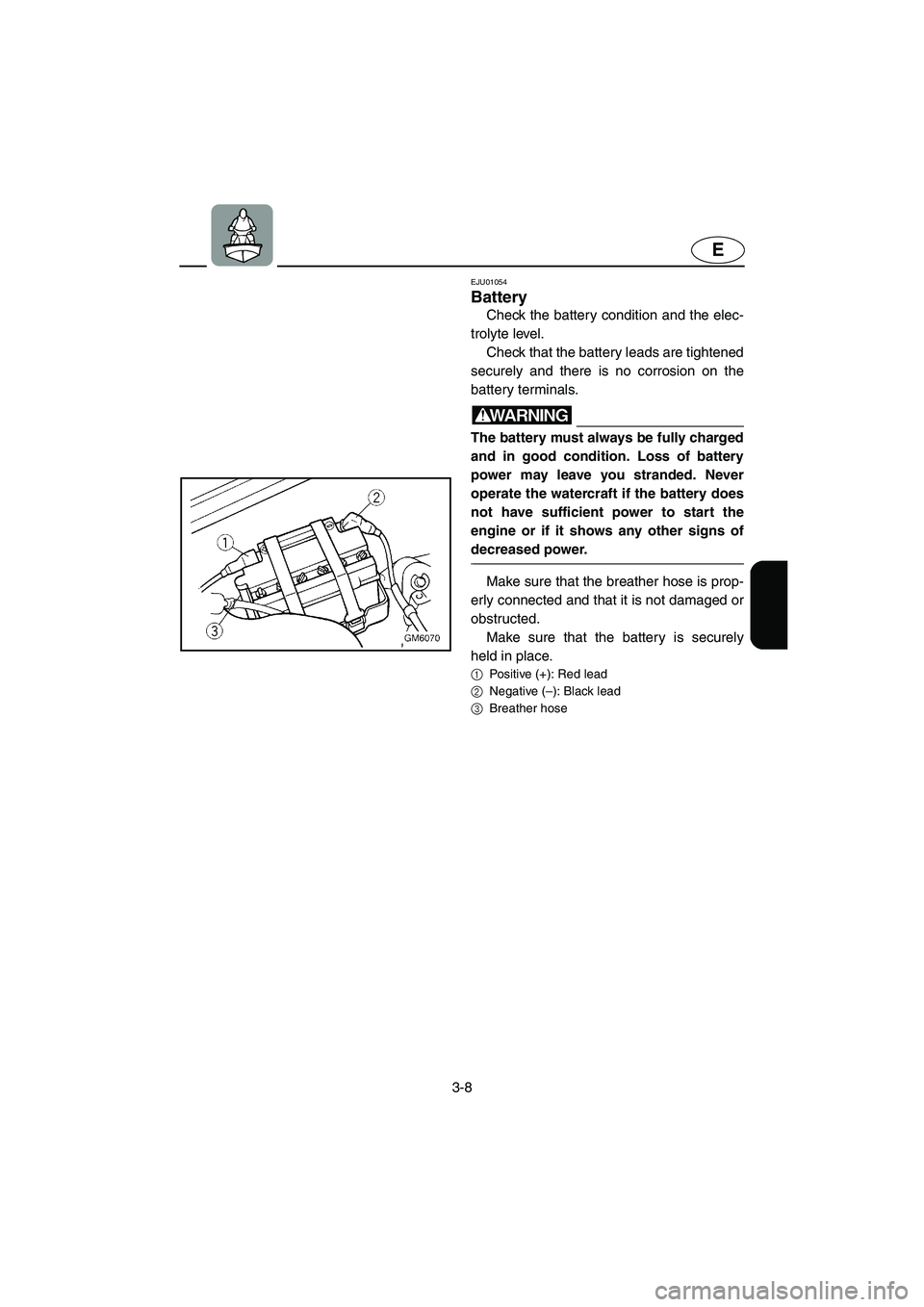 YAMAHA SUPERJET 2003  Owners Manual 3-8
E
EJU01054 
Battery  
Check the battery condition and the elec-
trolyte level. 
Check that the battery leads are tightened
securely and there is no corrosion on the
battery terminals. 
WARNING@ Th