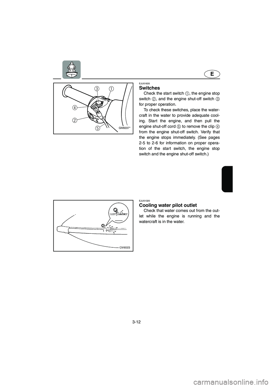 YAMAHA SUPERJET 2003 User Guide 3-12
E
EJU01835
Switches
Check the start switch 1, the engine stop
switch 2, and the engine shut-off switch 3
for proper operation.
To check these switches, place the water-
craft in the water to pr YAMAHA SUPERJET 2003 User Guide 3-12
E
EJU01835
Switches
Check the start switch 1, the engine stop
switch 2, and the engine shut-off switch 3
for proper operation.
To check these switches, place the water-
craft in the water to pr