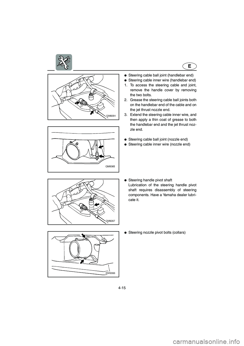 YAMAHA SUPERJET 2003 Manual Online 4-15
E
Steering cable ball joint (handlebar end) 
Steering cable inner wire (handlebar end)
1. To access the steering cable and joint,
remove the handle cover by removing
the two bolts. 
2. Grease t