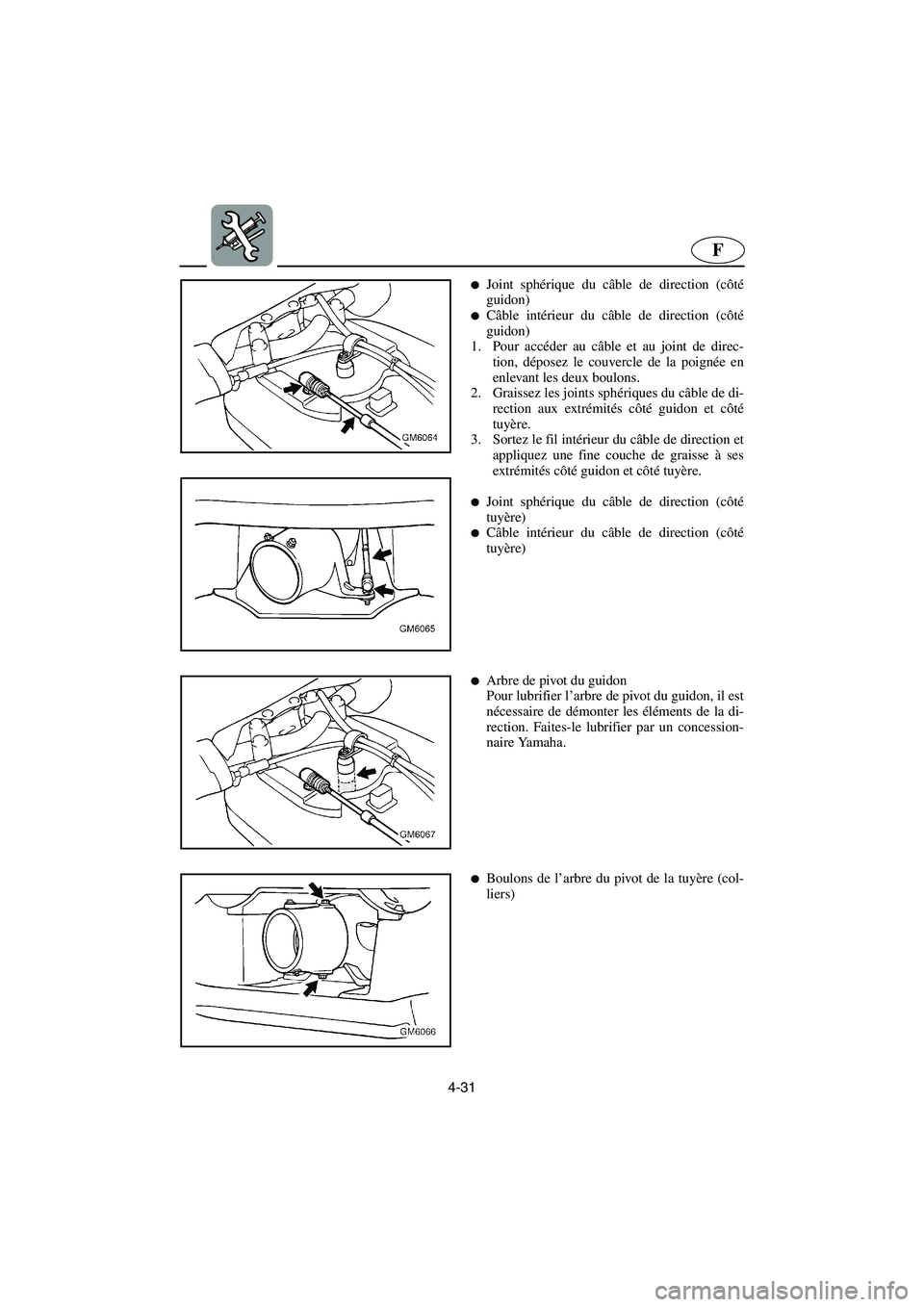 YAMAHA SUPERJET 2003  Notices Demploi (in French) 4-31
F
Joint sphérique du câble de direction (côté
guidon) 
Câble intérieur du câble de direction (côté
guidon) 
1. Pour accéder au câble et au joint de direc-
tion, déposez le couvercle