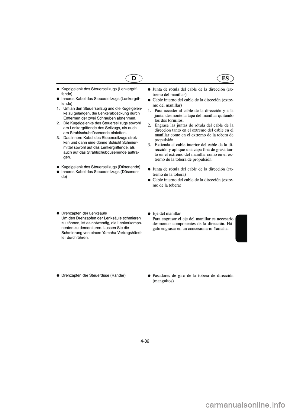 YAMAHA SUPERJET 2003  Notices Demploi (in French) 4-32
ESD
Kugelgelenk des Steuerseilzugs (Lenkergrif-
fende) 
Inneres Kabel des Steuerseilzugs (Lenkergrif-
fende) 
1. Um an den Steuerseilzug und die Kugelgelen-
ke zu gelangen, die Lenkerabdeckung 
