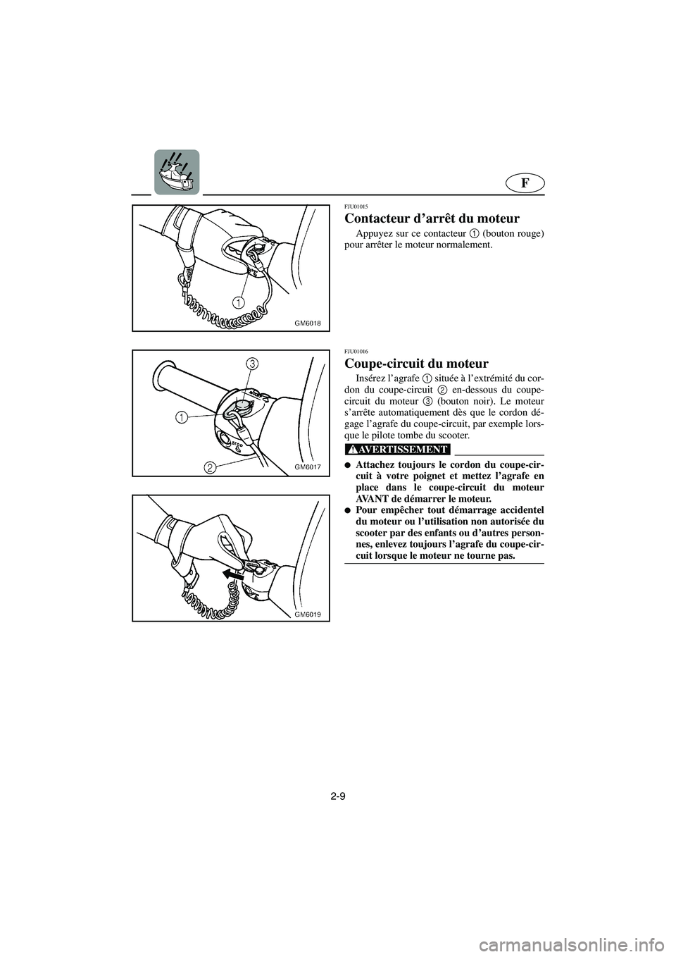 YAMAHA SUPERJET 2003 Manuale de Empleo (in Spanish) 2-9
F
FJU01015
Contacteur d’arrêt du moteur
Appuyez sur ce contacteur 1
(bouton rouge)
pour arrêter le moteur normalement.
FJU01016
Coupe-circuit du moteur
Insérez l’agrafe 1
située à YAMAHA SUPERJET 2003 Manuale de Empleo (in Spanish) 2-9
F
FJU01015
Contacteur d’arrêt du moteur
Appuyez sur ce contacteur 1
(bouton rouge)
pour arrêter le moteur normalement.
FJU01016
Coupe-circuit du moteur
Insérez l’agrafe 1
située à