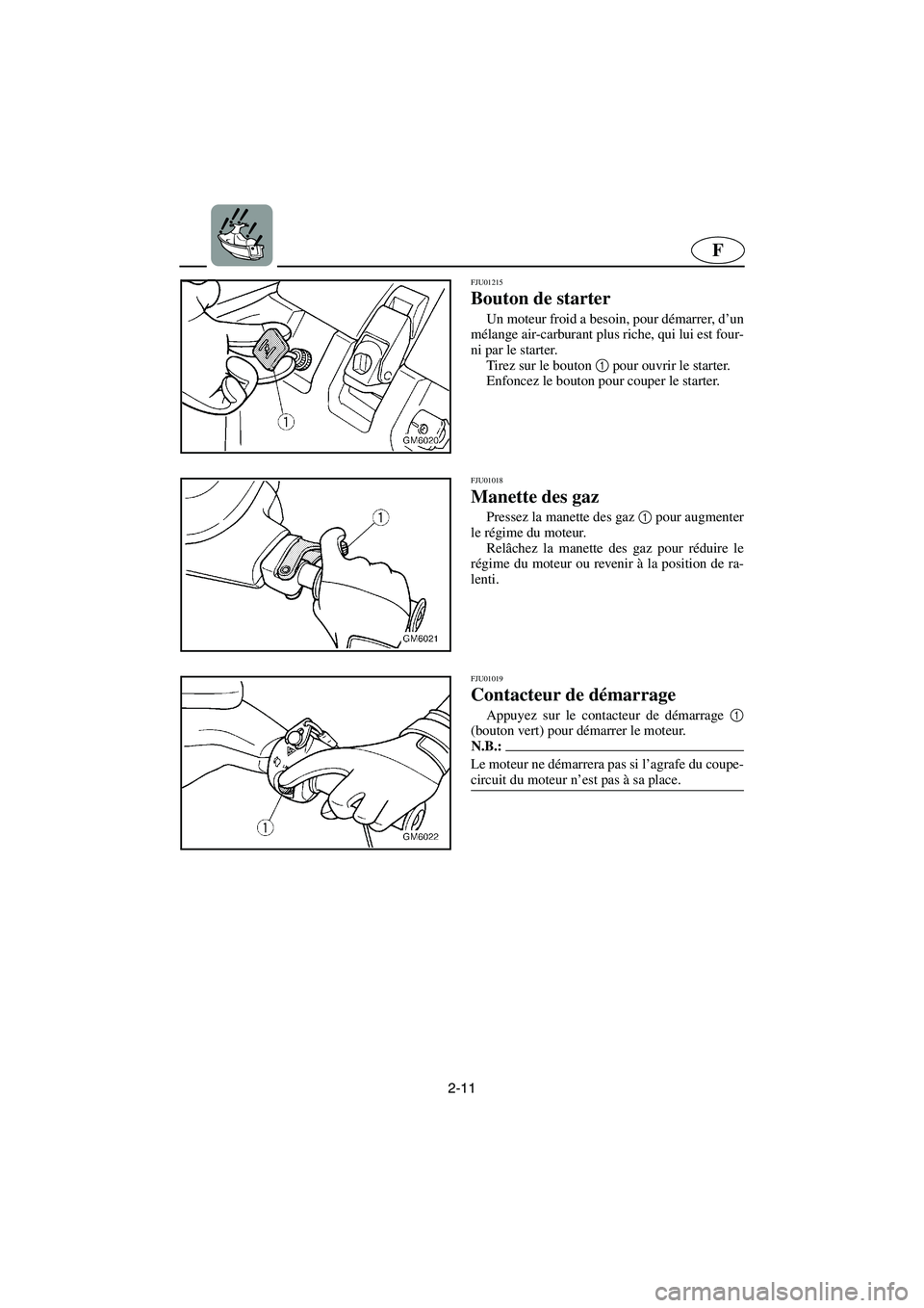 YAMAHA SUPERJET 2003 Manuale de Empleo (in Spanish) 2-11
F
FJU01215
Bouton de starter
Un moteur froid a besoin, pour démarrer, d’un
mélange air-carburant plus riche, qui lui est four-
ni par le starter.
Tirez sur le bouton 1
pour ouvrir le sta YAMAHA SUPERJET 2003 Manuale de Empleo (in Spanish) 2-11
F
FJU01215
Bouton de starter
Un moteur froid a besoin, pour démarrer, d’un
mélange air-carburant plus riche, qui lui est four-
ni par le starter.
Tirez sur le bouton 1
pour ouvrir le sta