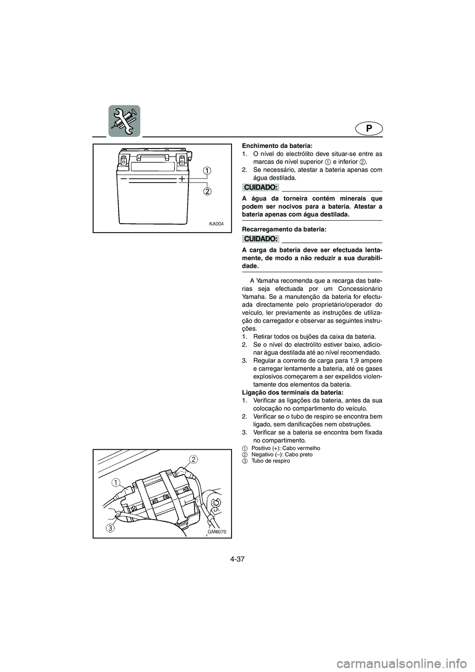 YAMAHA SUPERJET 2003  Manuale duso (in Italian) 4-37
P
Enchimento da bateria: 
1. O nível do electrólito deve situar-se entre as
marcas de nível superior 1
 e inferior 2
. 
2. Se necessário, atestar a bateria apenas com
água destilada. 
@ A á