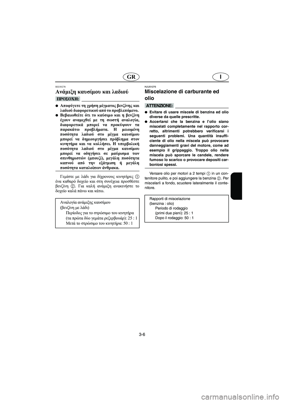 YAMAHA SUPERJET 2003  Manuale duso (in Italian) 3-6
IGR
RJU01276 
Ανάμιξη καυσίμου και λαδιού  
@ Αποφύγετε τη χρήση μίγματος βενζίνης και
λαδιού διαφορετικού από το